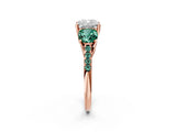 Rose gold Three-Stone Cushion Cut Diamond Ring with Round with Green Sapphire side stone Pavé Band and Prong Setting_2