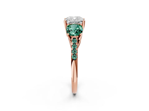 Rose gold Three-Stone Cushion Cut Diamond Ring with Round with Green Sapphire side stone Pavé Band and Prong Setting_2