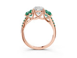 Rose gold Three-Stone Cushion Cut Diamond Ring with Round with Green Sapphire side stone Pavé Band and Prong Setting_3