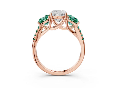 Rose gold Three-Stone Cushion Cut Diamond Ring with Round with Green Sapphire side stone Pavé Band and Prong Setting_3