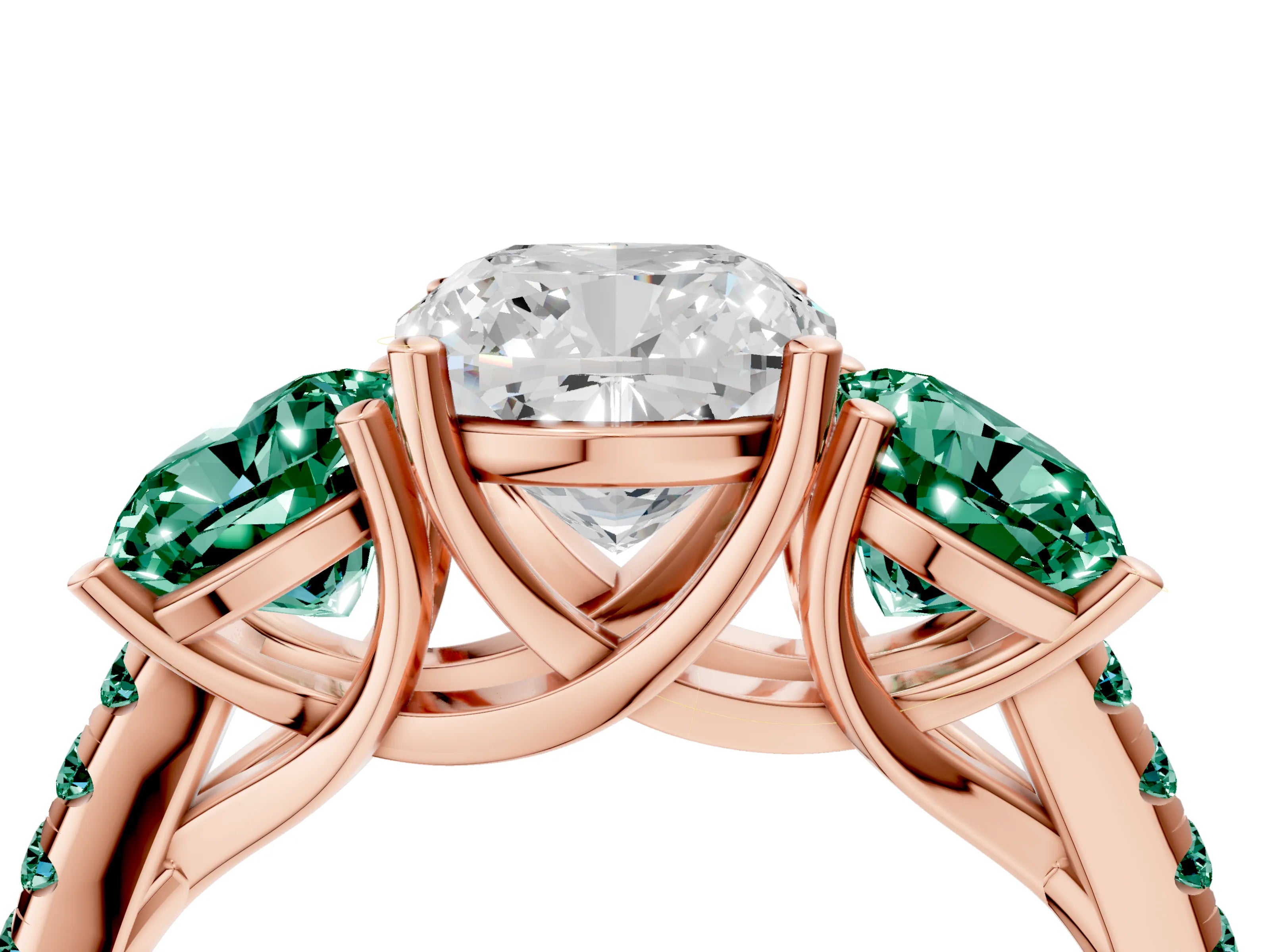 Rose gold Three-Stone Cushion Cut Diamond Ring with Round with Green Sapphire side stone Pavé Band and Prong Setting_4