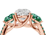 Rose gold Three-Stone Cushion Cut Diamond Ring with Round with Green Sapphire side stone Pavé Band and Prong Setting_4