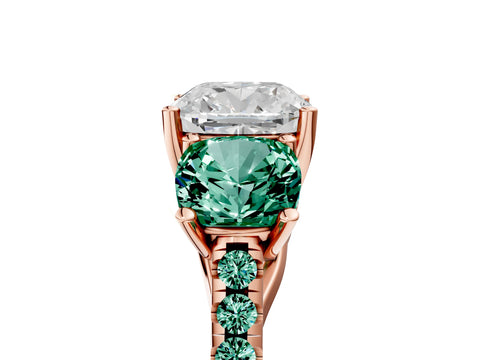 Rose gold Three-Stone Cushion Cut Diamond Ring with Round with Green Sapphire side stone Pavé Band and Prong Setting_5