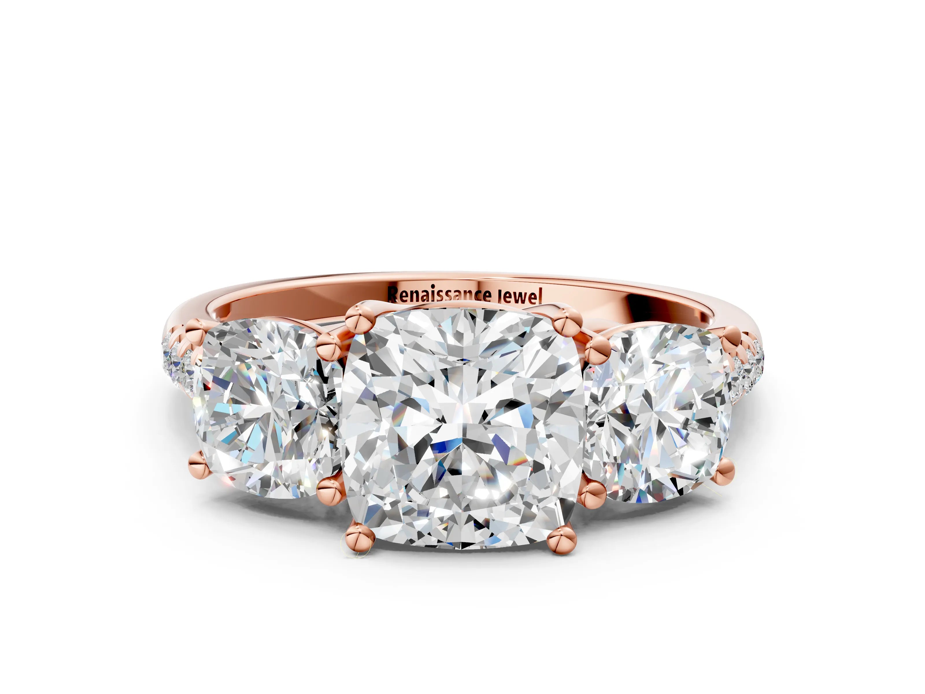 Rose gold Three-Stone Cushion Cut Diamond Ring with Round with Moissanite side stone Pavé Band and Prong Setting