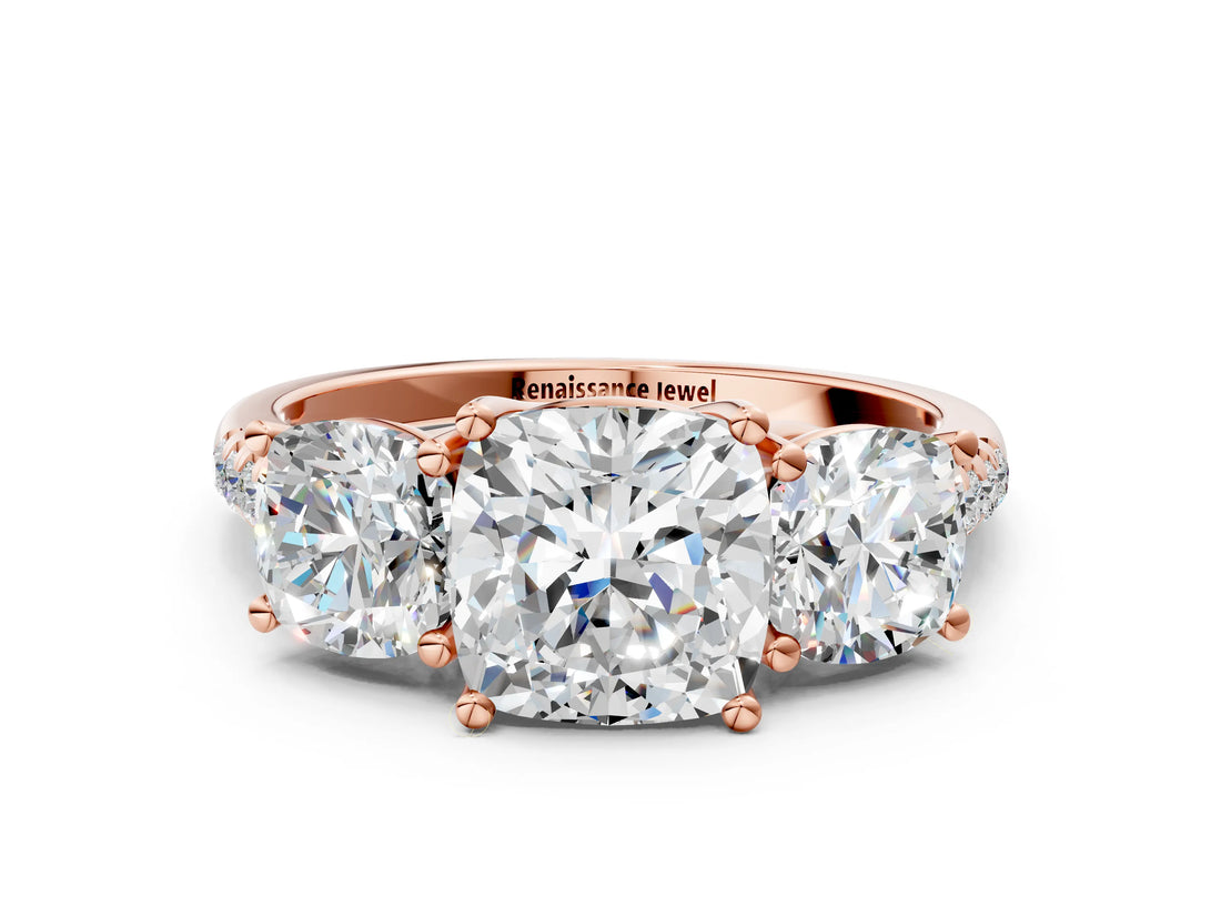 Rose gold Three-Stone Cushion Cut Diamond Ring with Round with Moissanite side stone Pavé Band and Prong Setting