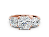Rose gold Three-Stone Cushion Cut Diamond Ring with Round with Moissanite side stone Pavé Band and Prong Setting