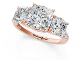 Rose gold Three-Stone Cushion Cut Diamond Ring with Round with Moissanite side stone Pavé Band and Prong Setting_1