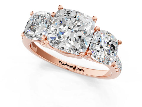 Rose gold Three-Stone Cushion Cut Diamond Ring with Round with Moissanite side stone Pavé Band and Prong Setting_1