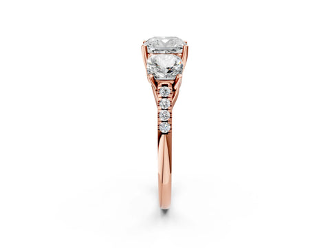 Rose gold Three-Stone Cushion Cut Diamond Ring with Round with Moissanite side stone Pavé Band and Prong Setting_2