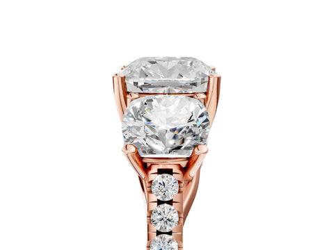 Rose gold Three-Stone Cushion Cut Diamond Ring with Round with Moissanite side stone Pavé Band and Prong Setting_5