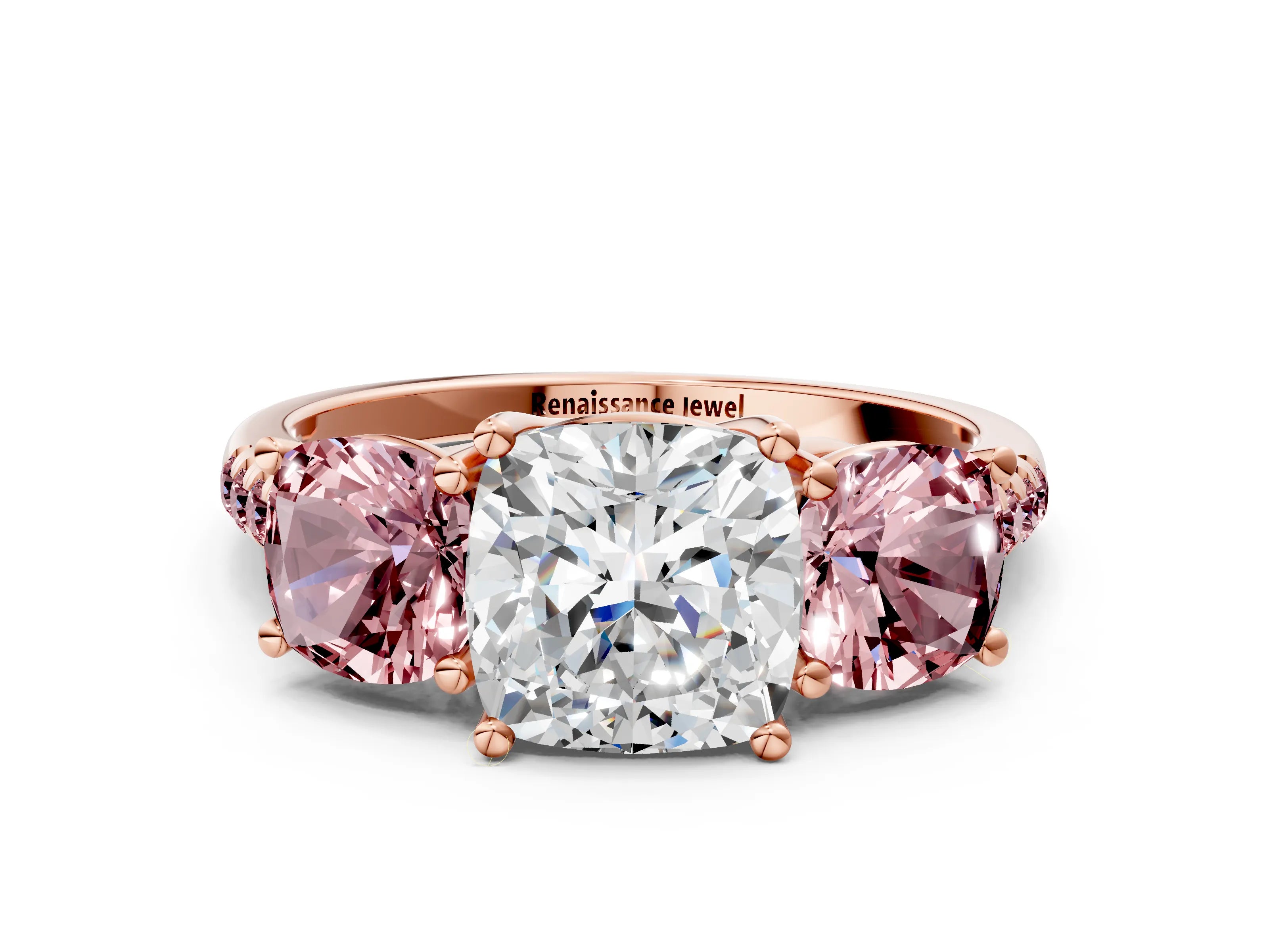 Rose gold Three-Stone Cushion Cut Diamond Ring with Round with Morganite side stone Pavé Band and Prong Setting