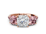 Rose gold Three-Stone Cushion Cut Diamond Ring with Round with Morganite side stone Pavé Band and Prong Setting