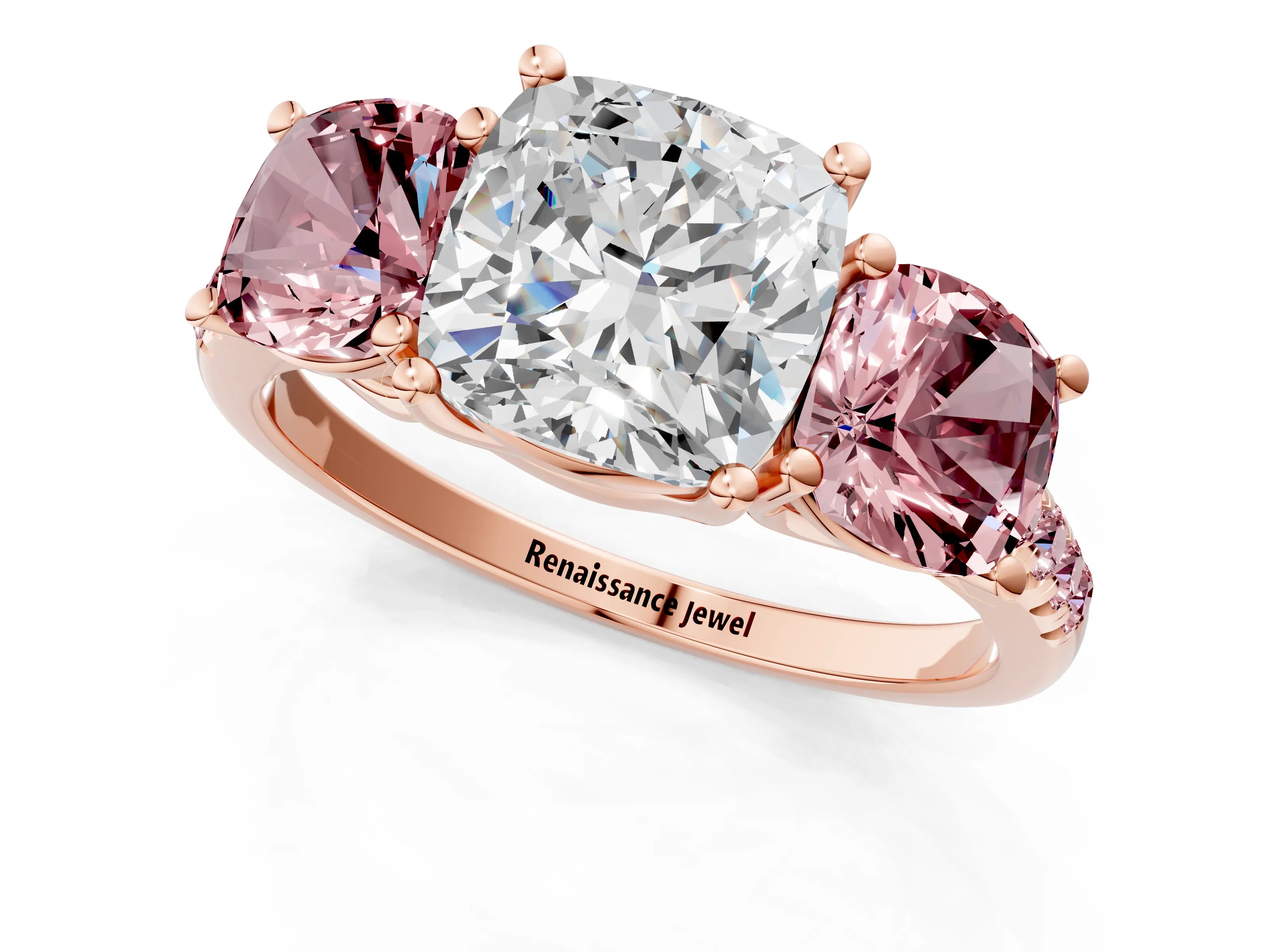 Rose gold Three-Stone Cushion Cut Diamond Ring with Round with Morganite side stone Pavé Band and Prong Setting_1