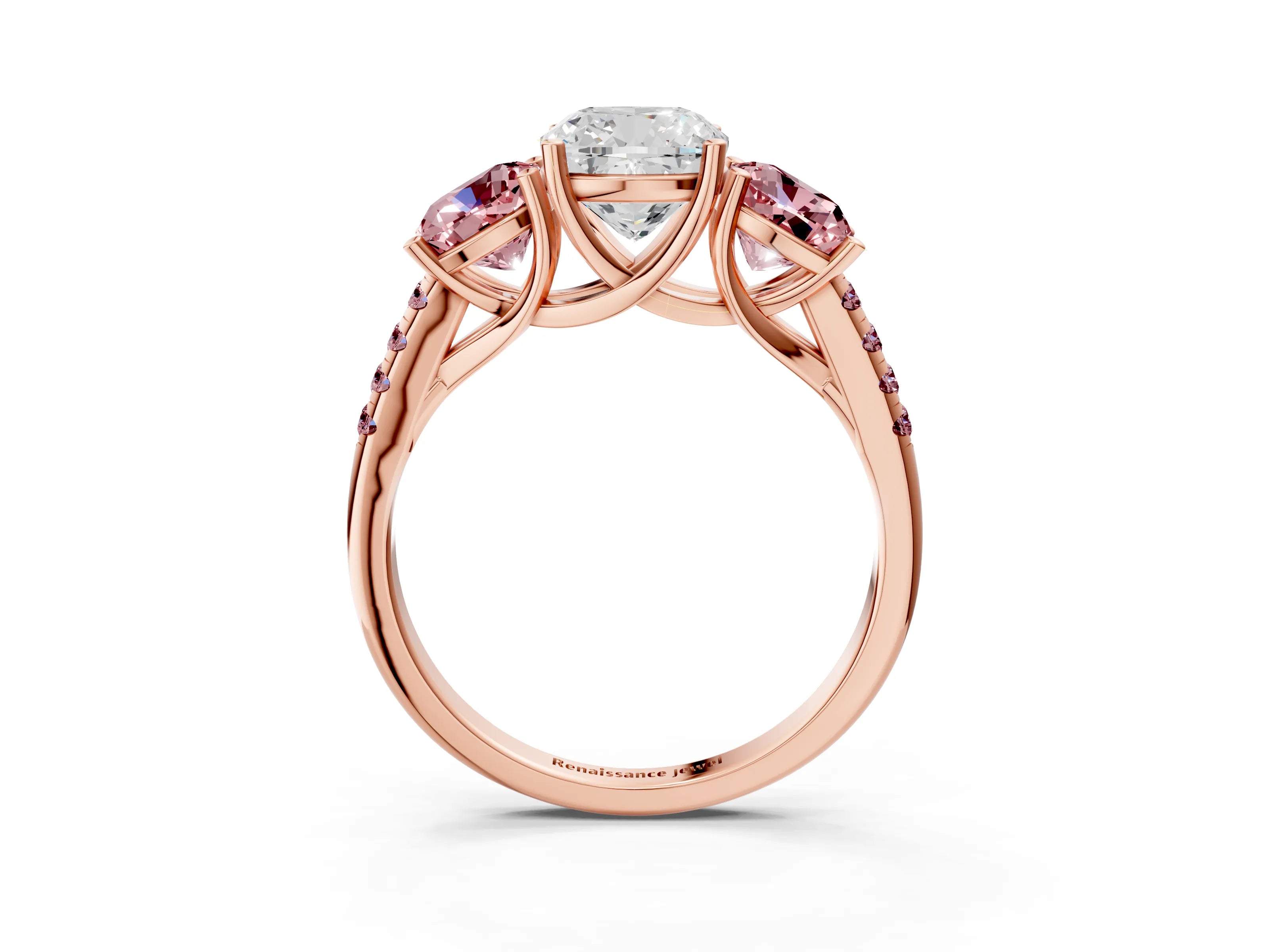 Rose gold Three-Stone Cushion Cut Diamond Ring with Round with Morganite side stone Pavé Band and Prong Setting_3