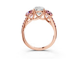Rose gold Three-Stone Cushion Cut Diamond Ring with Round with Morganite side stone Pavé Band and Prong Setting_3