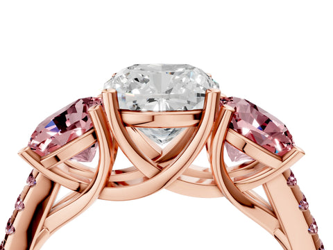 Rose gold Three-Stone Cushion Cut Diamond Ring with Round with Morganite side stone Pavé Band and Prong Setting_4