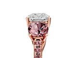 Rose gold Three-Stone Cushion Cut Diamond Ring with Round with Morganite side stone Pavé Band and Prong Setting_5