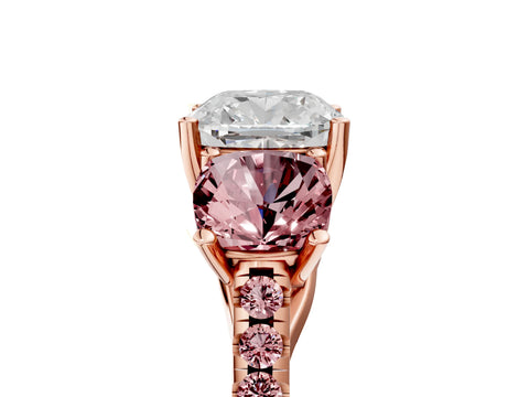 Rose gold Three-Stone Cushion Cut Diamond Ring with Round with Morganite side stone Pavé Band and Prong Setting_5