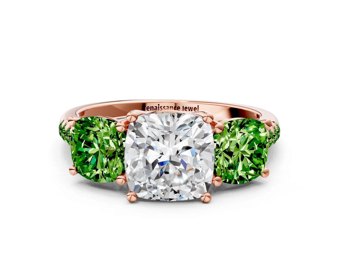 Rose gold Three-Stone Cushion Cut Diamond Ring with Round with Peridot side stone Pavé Band and Prong Setting
