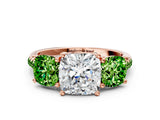 Rose gold Three-Stone Cushion Cut Diamond Ring with Round with Peridot side stone Pavé Band and Prong Setting