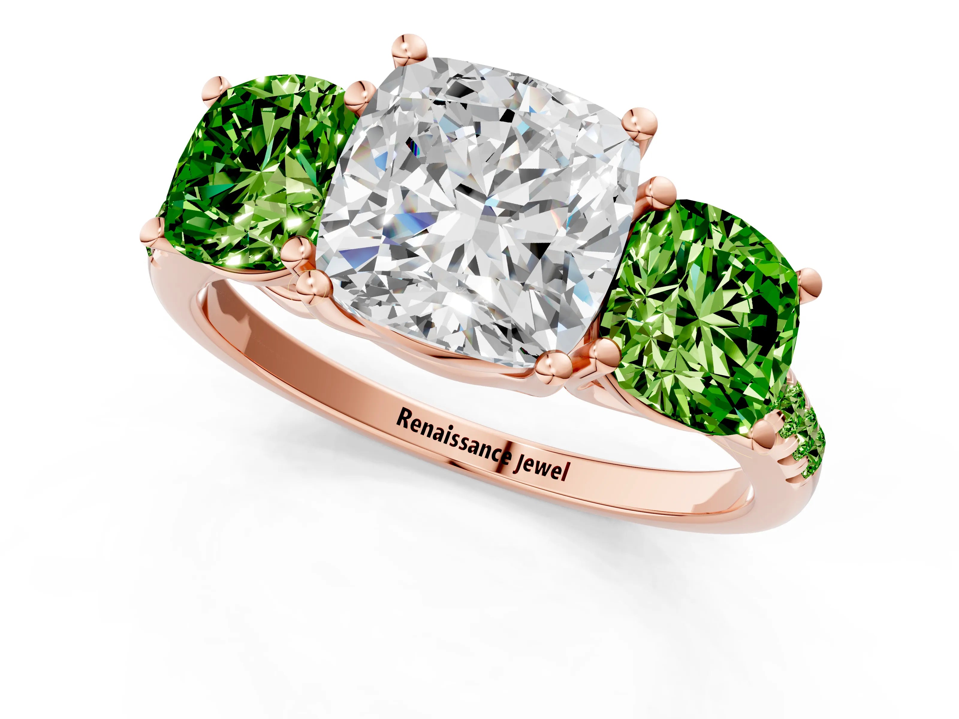 Rose gold Three-Stone Cushion Cut Diamond Ring with Round with Peridot side stone Pavé Band and Prong Setting_1
