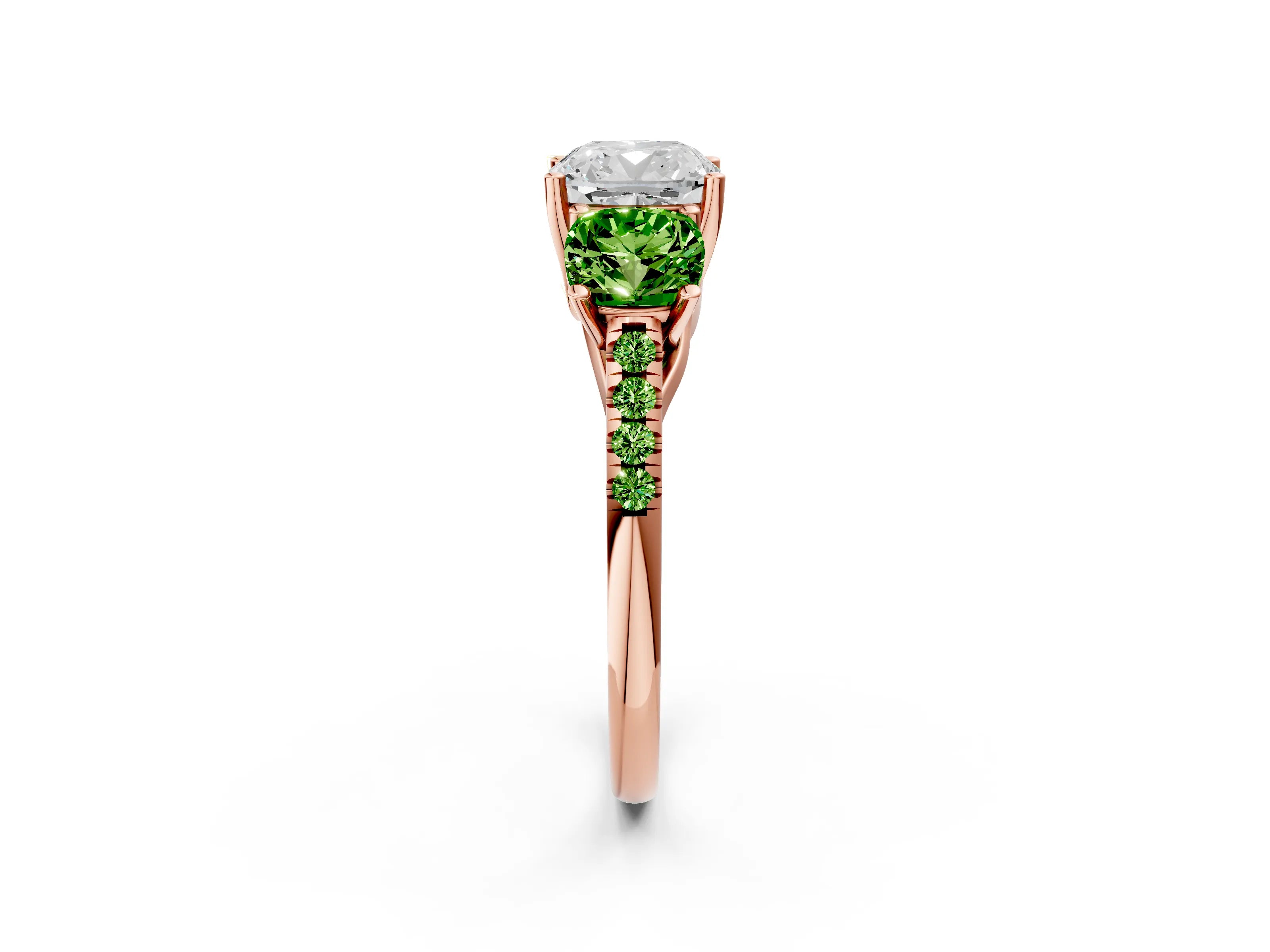 Rose gold Three-Stone Cushion Cut Diamond Ring with Round with Peridot side stone Pavé Band and Prong Setting_2
