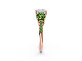 Rose gold Three-Stone Cushion Cut Diamond Ring with Round with Peridot side stone Pavé Band and Prong Setting_2
