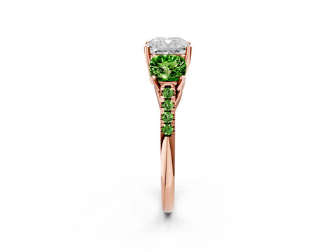 Rose gold Three-Stone Cushion Cut Diamond Ring with Round with Peridot side stone Pavé Band and Prong Setting_2