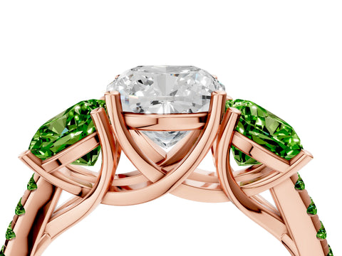 Rose gold Three-Stone Cushion Cut Diamond Ring with Round with Peridot side stone Pavé Band and Prong Setting_4