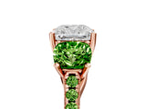 Rose gold Three-Stone Cushion Cut Diamond Ring with Round with Peridot side stone Pavé Band and Prong Setting_5