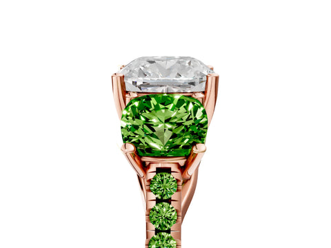 Rose gold Three-Stone Cushion Cut Diamond Ring with Round with Peridot side stone Pavé Band and Prong Setting_5