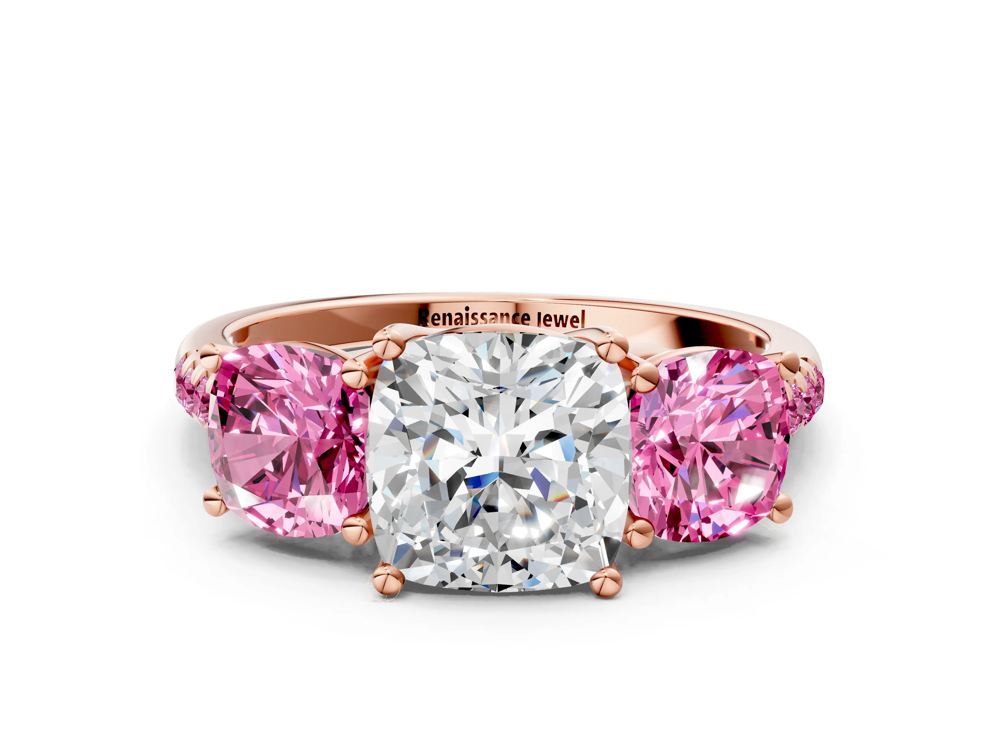 Rose gold Three-Stone Cushion Cut Diamond Ring with Round with Pink Sapphire side stone Pavé Band and Prong Setting
