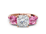Rose gold Three-Stone Cushion Cut Diamond Ring with Round with Pink Sapphire side stone Pavé Band and Prong Setting