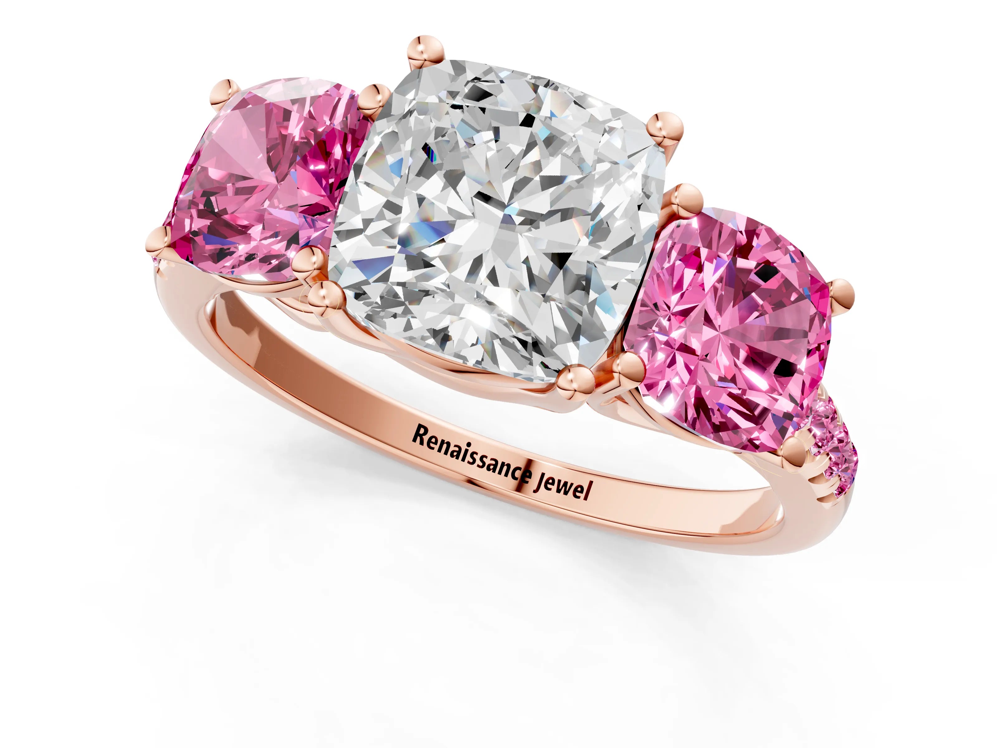 Rose gold Three-Stone Cushion Cut Diamond Ring with Round with Pink Sapphire side stone Pavé Band and Prong Setting_1