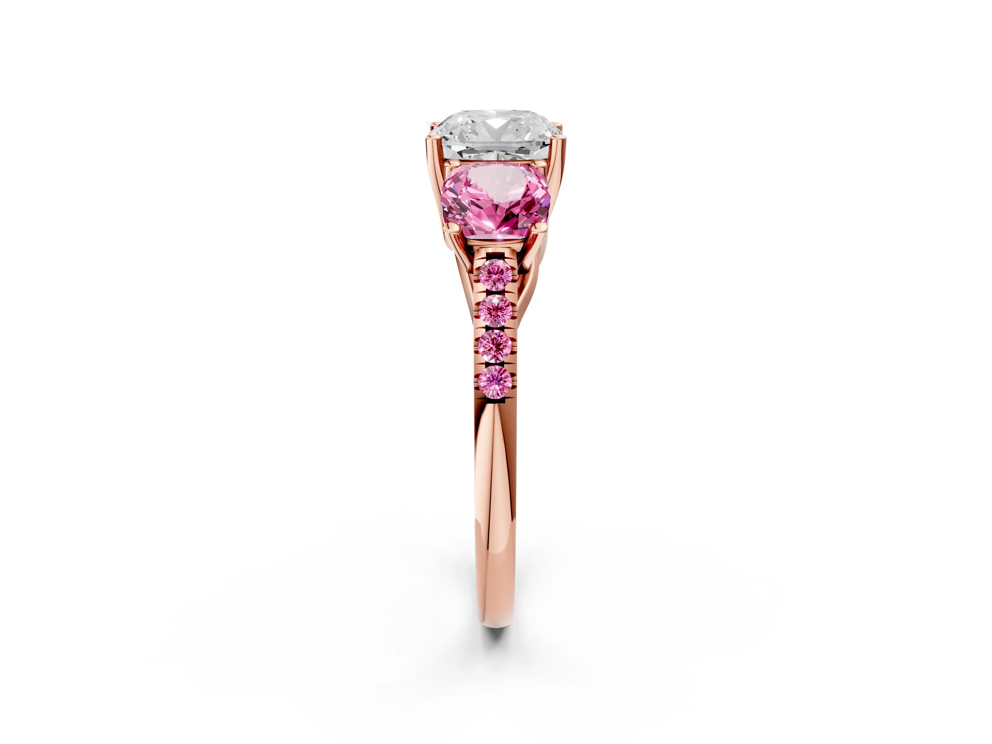 Rose gold Three-Stone Cushion Cut Diamond Ring with Round with Pink Sapphire side stone Pavé Band and Prong Setting_2