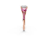 Rose gold Three-Stone Cushion Cut Diamond Ring with Round with Pink Sapphire side stone Pavé Band and Prong Setting_2