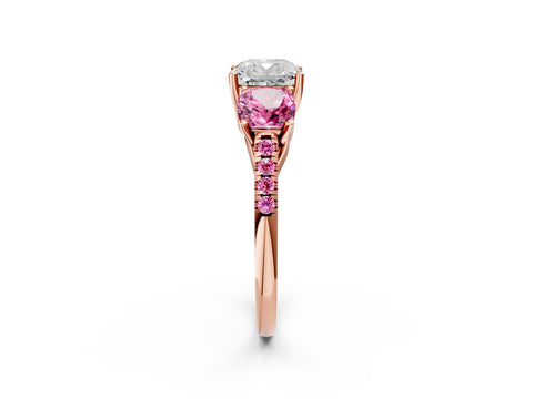 Rose gold Three-Stone Cushion Cut Diamond Ring with Round with Pink Sapphire side stone Pavé Band and Prong Setting_2