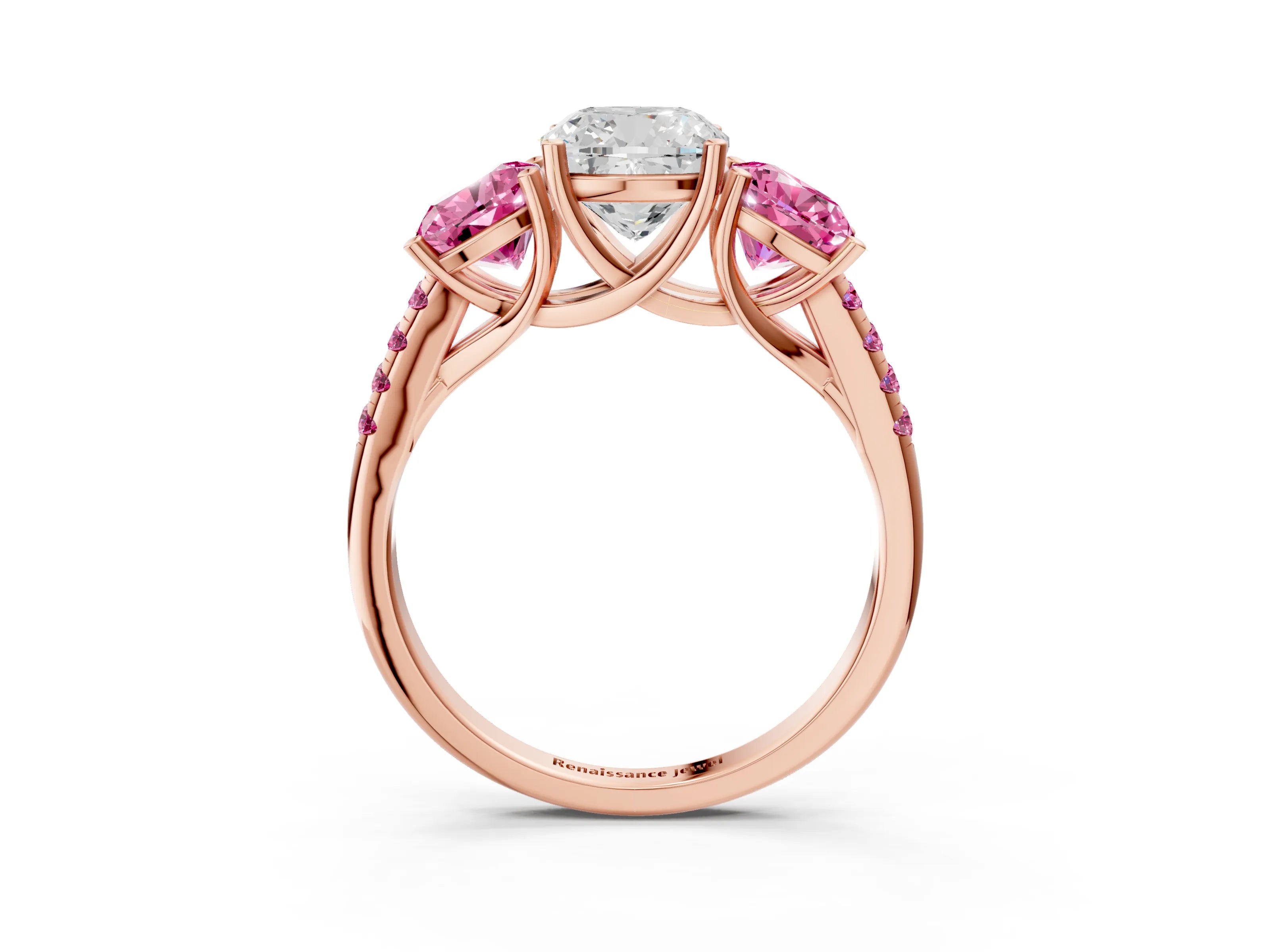Rose gold Three-Stone Cushion Cut Diamond Ring with Round with Pink Sapphire side stone Pavé Band and Prong Setting_3