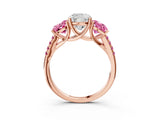 Rose gold Three-Stone Cushion Cut Diamond Ring with Round with Pink Sapphire side stone Pavé Band and Prong Setting_3