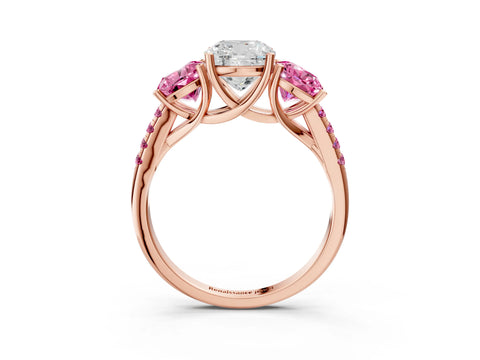 Rose gold Three-Stone Cushion Cut Diamond Ring with Round with Pink Sapphire side stone Pavé Band and Prong Setting_3