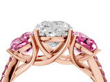 Rose gold Three-Stone Cushion Cut Diamond Ring with Round with Pink Sapphire side stone Pavé Band and Prong Setting_4