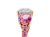 Rose gold Three-Stone Cushion Cut Diamond Ring with Round with Pink Sapphire side stone Pavé Band and Prong Setting_5