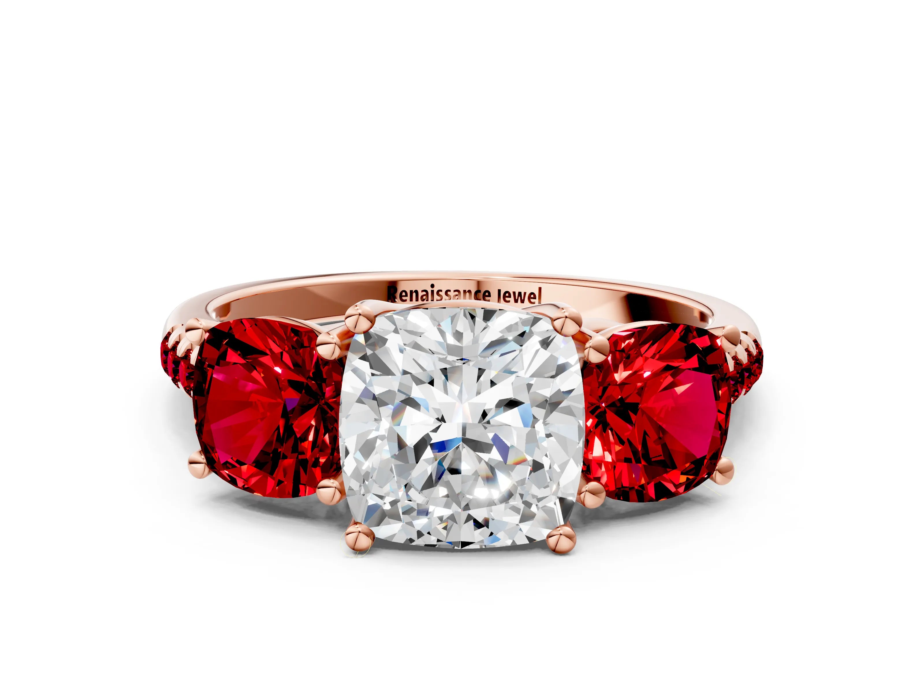 Rose gold Three-Stone Cushion Cut Diamond Ring with Round with Ruby side stone Pavé Band and Prong Setting