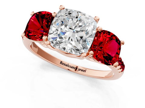 Rose gold Three-Stone Cushion Cut Diamond Ring with Round with Ruby side stone Pavé Band and Prong Setting_1