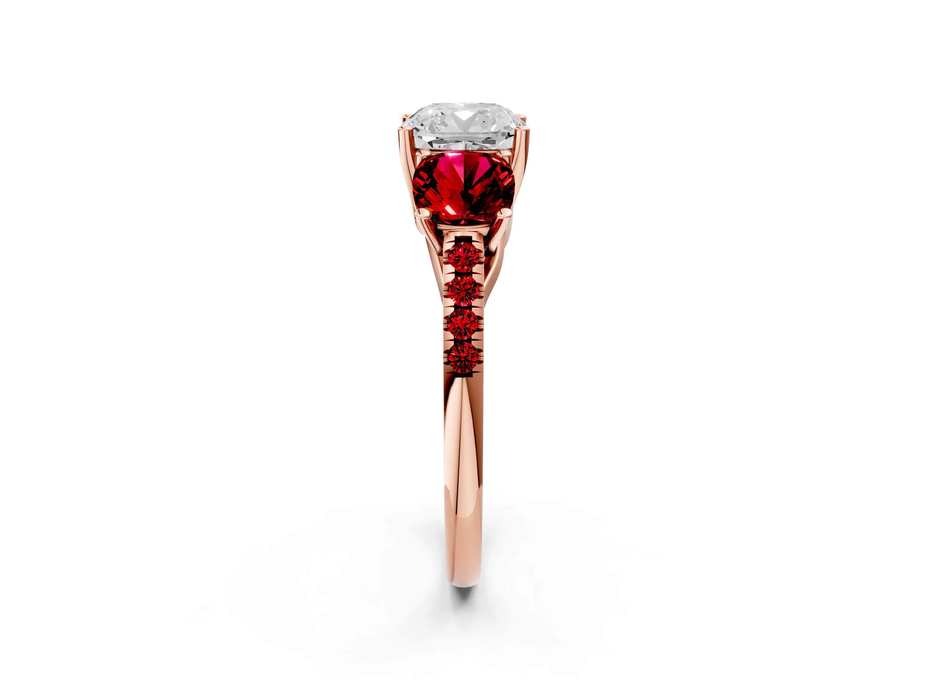 Rose gold Three-Stone Cushion Cut Diamond Ring with Round with Ruby side stone Pavé Band and Prong Setting_2