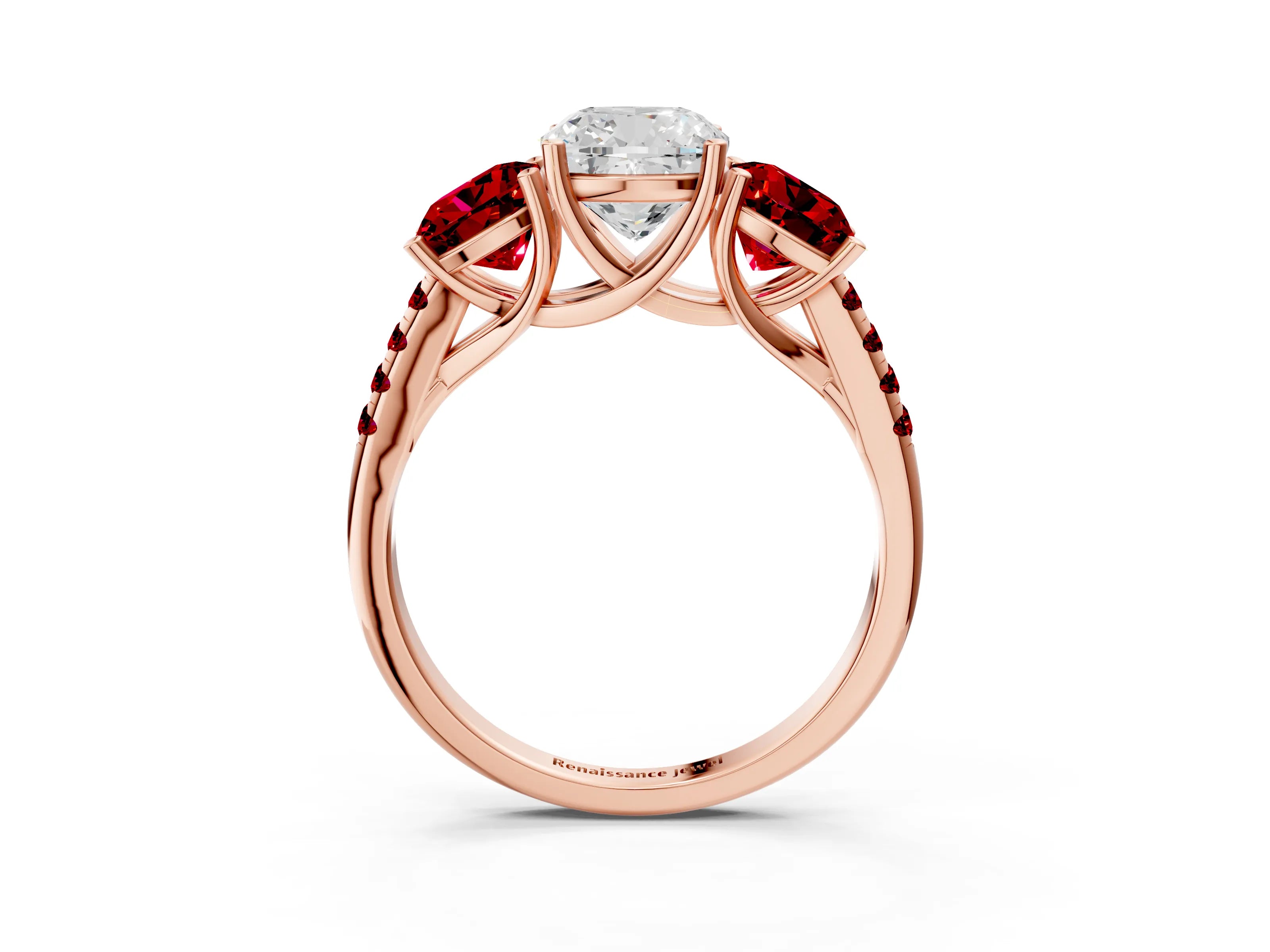 Rose gold Three-Stone Cushion Cut Diamond Ring with Round with Ruby side stone Pavé Band and Prong Setting_3