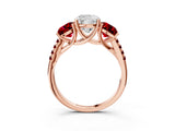 Rose gold Three-Stone Cushion Cut Diamond Ring with Round with Ruby side stone Pavé Band and Prong Setting_3