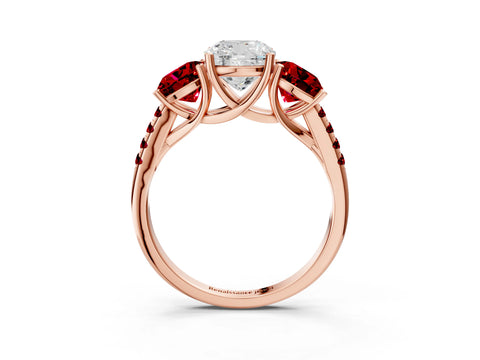 Rose gold Three-Stone Cushion Cut Diamond Ring with Round with Ruby side stone Pavé Band and Prong Setting_3