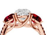 Rose gold Three-Stone Cushion Cut Diamond Ring with Round with Ruby side stone Pavé Band and Prong Setting_4