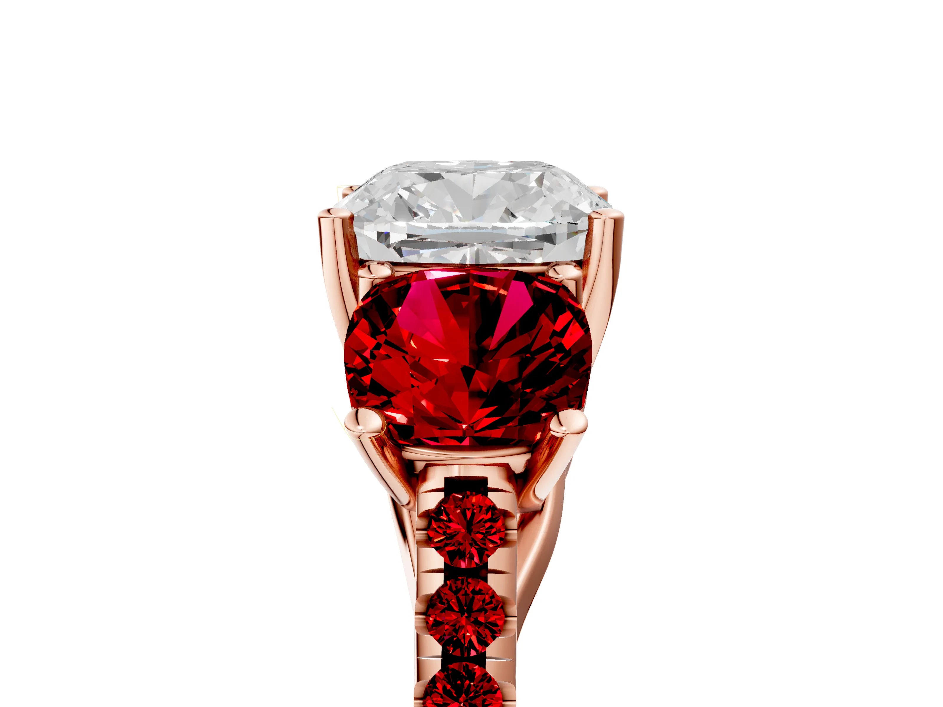 Rose gold Three-Stone Cushion Cut Diamond Ring with Round with Ruby side stone Pavé Band and Prong Setting_5